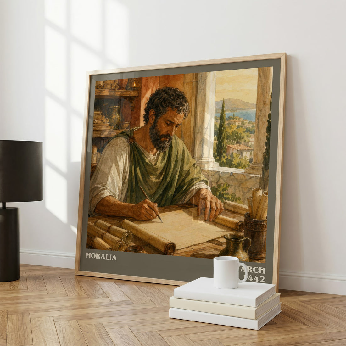 Moralia literary print framed by window – literary home decor