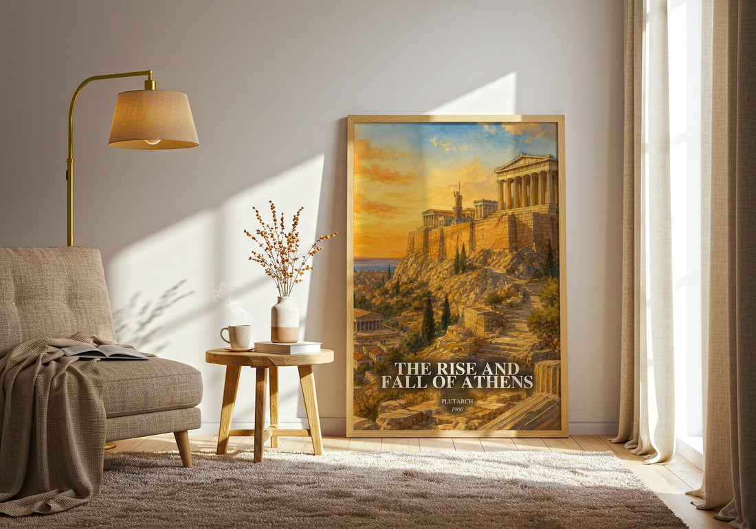 The rise and fall of Athens watercolour print in frame leaning in hallway – non fiction wall art