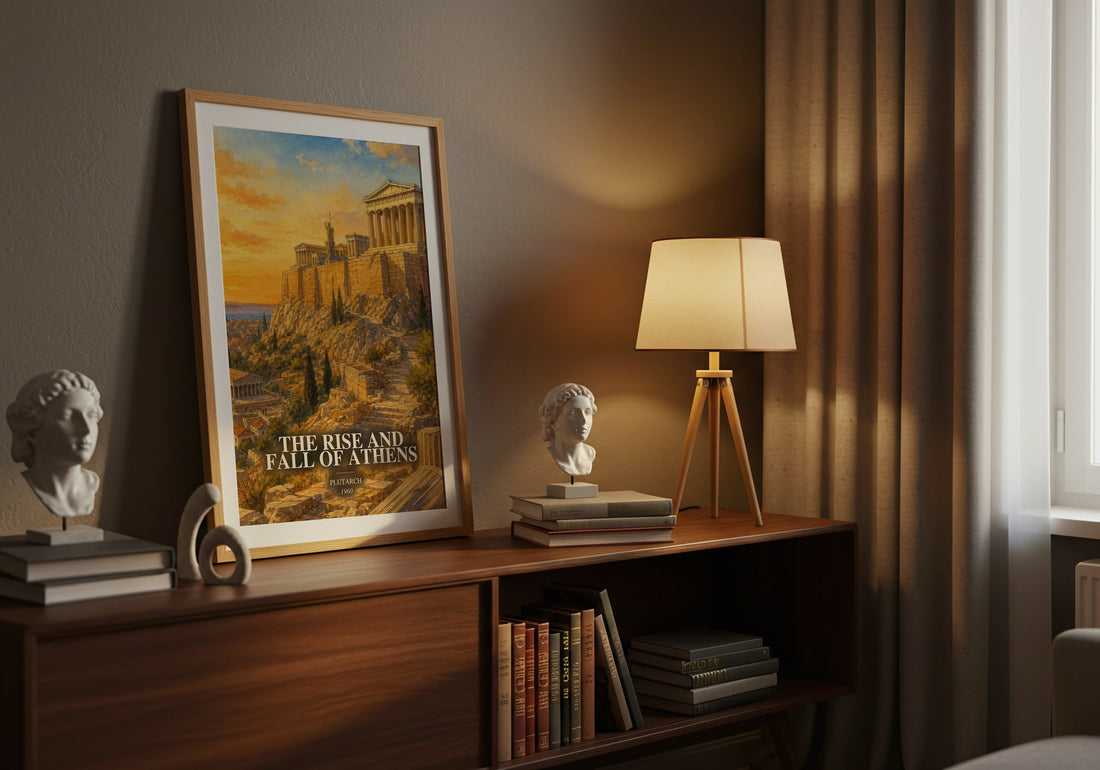 The rise and fall of Athens watercolour print on bookshelf – Plutarch fan gift