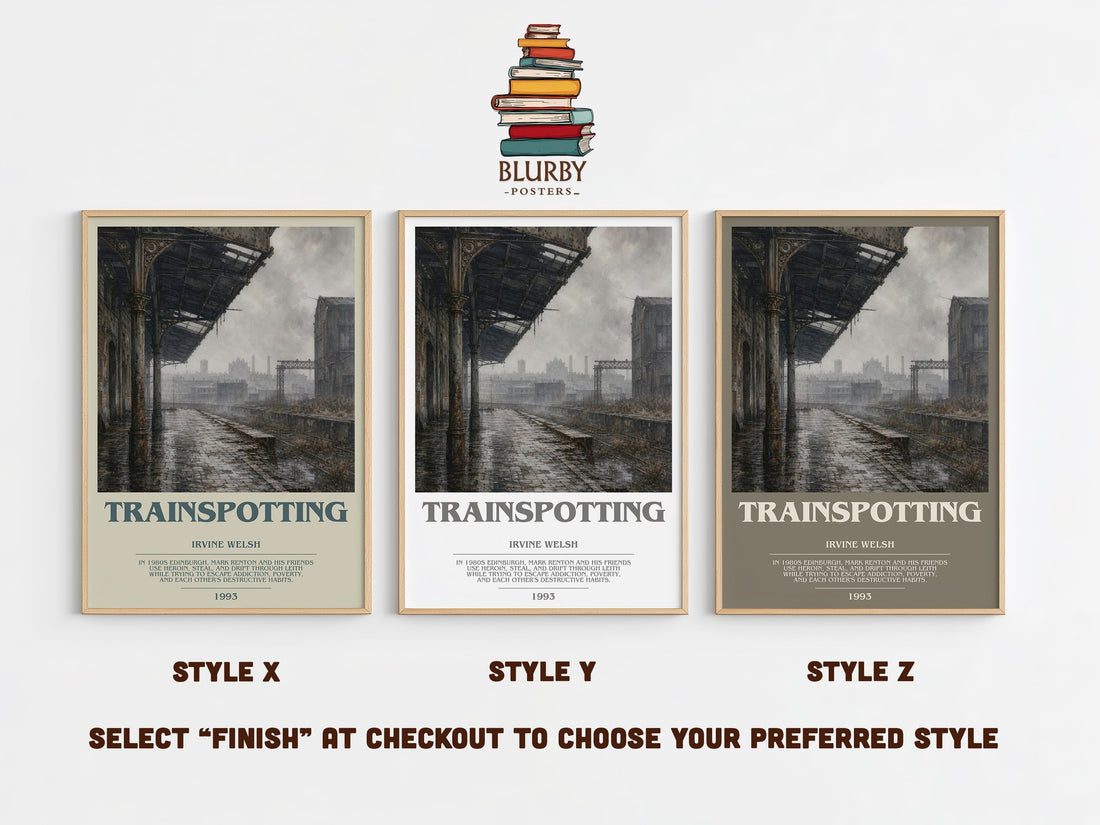 Trainspotting bookish print in frame leaning in hallway – contemporary fiction wall art (mockup)