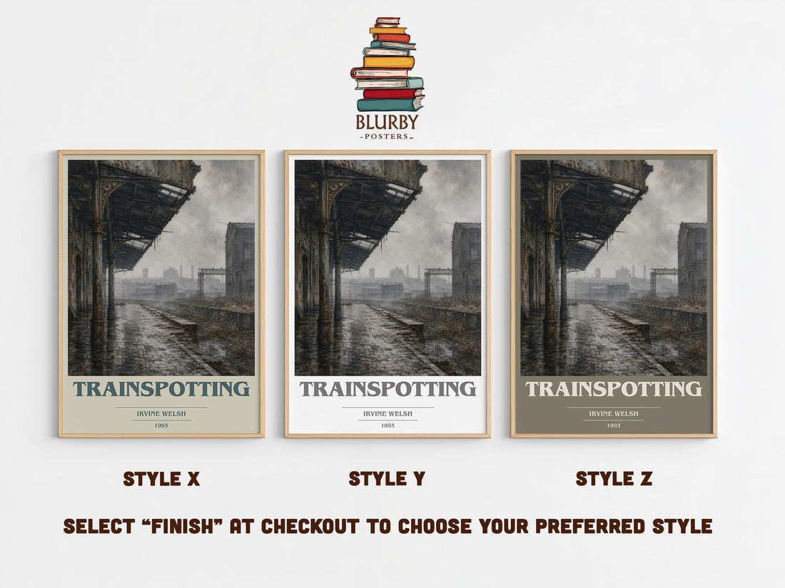 Trainspotting book cover print in frame leaning in hallway – contemporary fiction wall art (mockup)