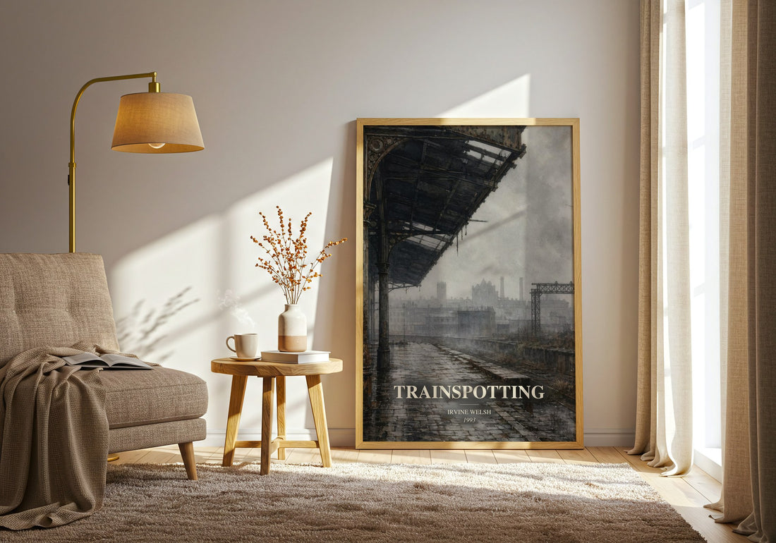 Trainspotting watercolour print in frame leaning in hallway – contemporary fiction wall art