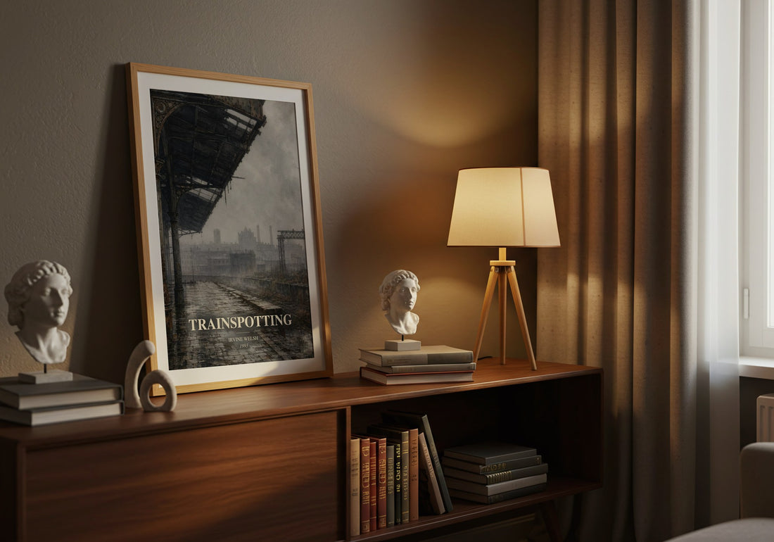Trainspotting watercolour print on bookshelf – Irvine Welsh fan gift