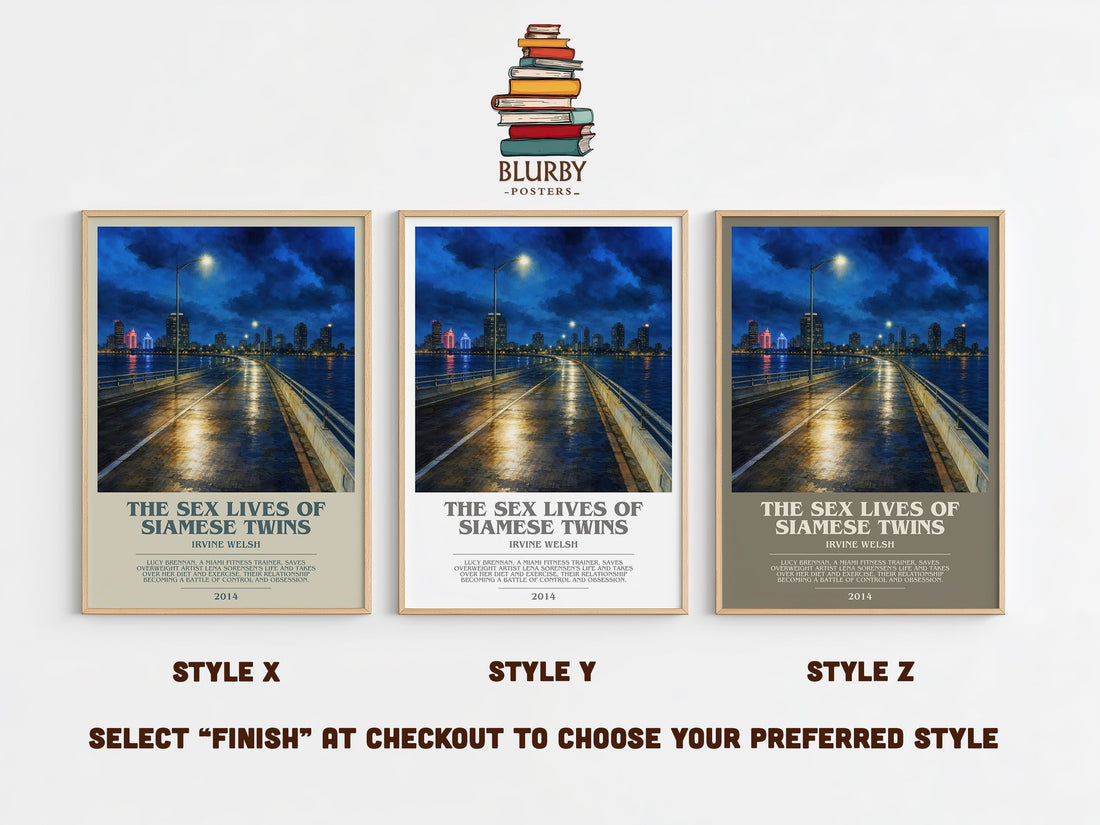 The Sex Lives Of Siamese Twins bookish print in frame leaning in hallway – contemporary fiction wall art (mockup)