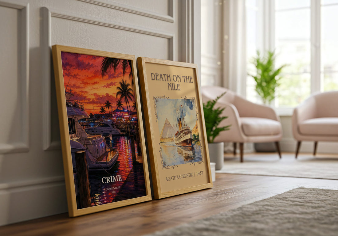 Crime watercolour print framed by window – literary home decor