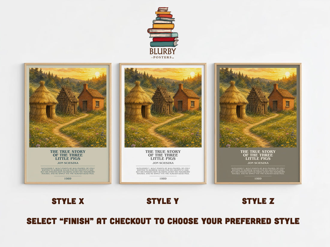 The True Story of the Three Little Pigs bookish print in frame leaning in hallway – childrens wall art (mockup)