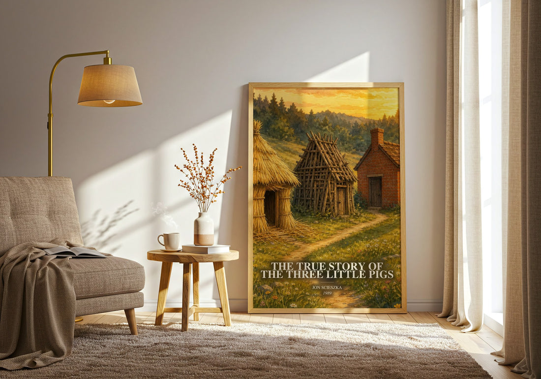 The True Story of the Three Little Pigs watercolour print in frame leaning in hallway – childrens wall art