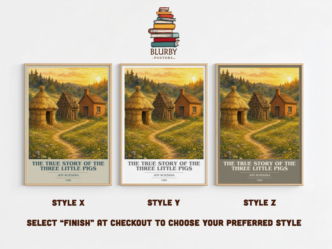 The True Story of the Three Little Pigs book cover print in frame leaning in hallway – childrens wall art (mockup)