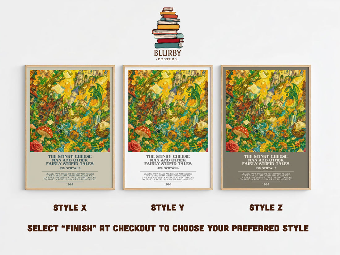 The Stinky Cheese Man and Other Fairly Stupid Tales bookish print in frame leaning in hallway – childrens wall art (mockup)