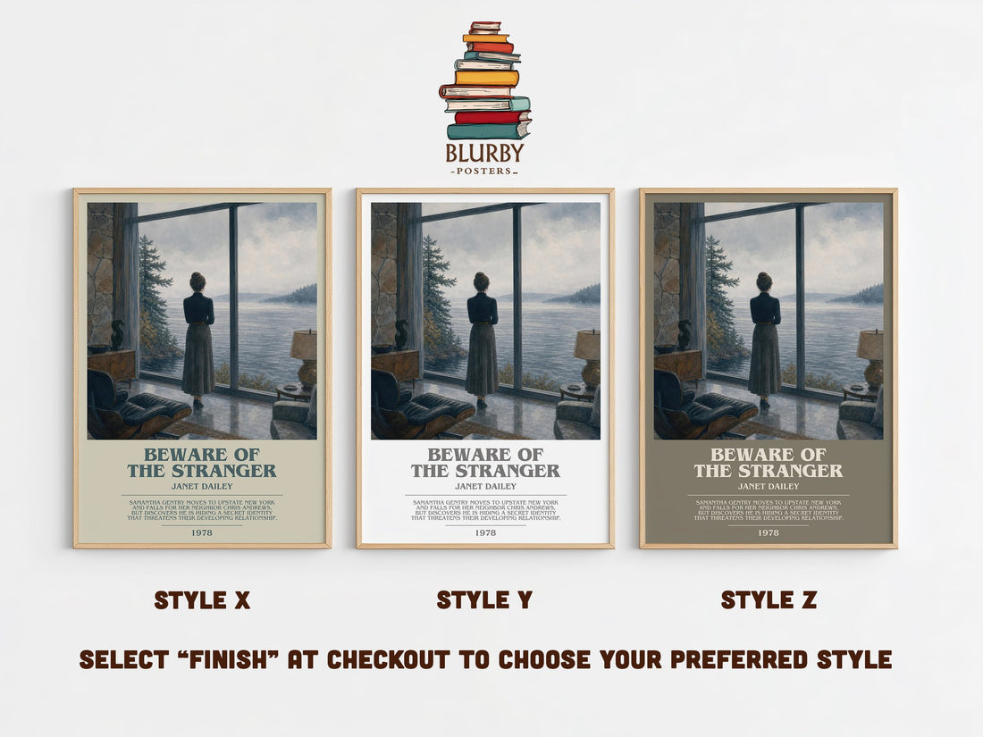 Beware of the Stranger bookish print in frame leaning in hallway – romance wall art (mockup)