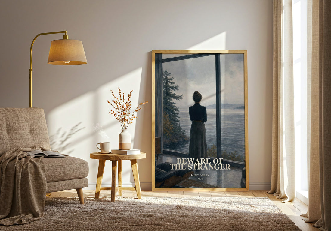 Beware of the Stranger watercolour print in frame leaning in hallway – romance wall art