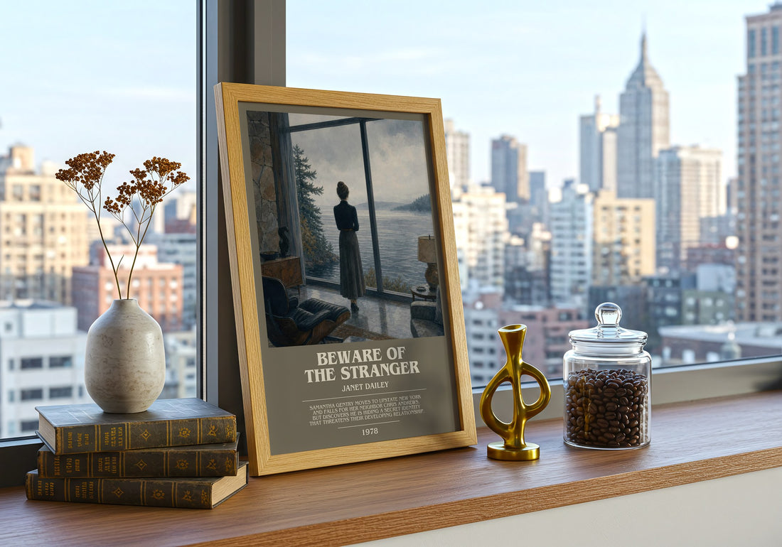 Beware of the Stranger bookish print framed by window – literary home decor