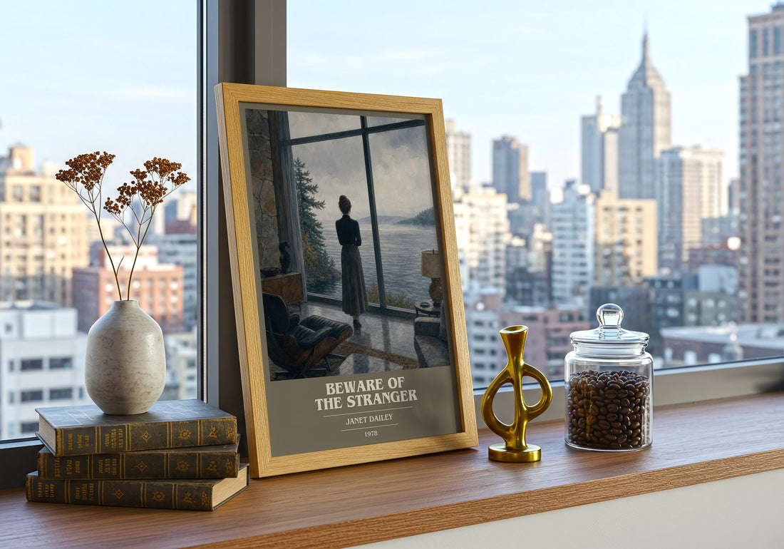 Beware of the Stranger book cover print framed by window – literary home decor