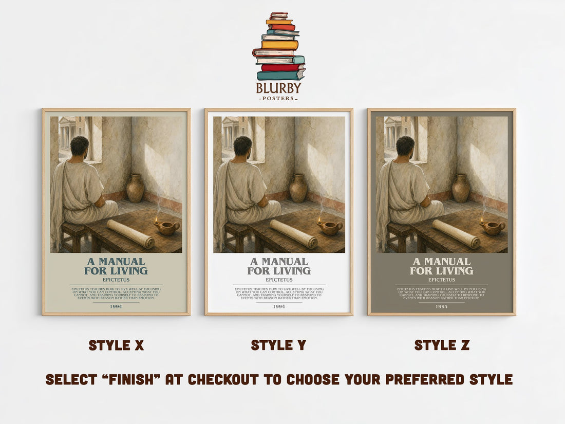 A manual for living bookish print in frame leaning in hallway – philosophy wall art (mockup)