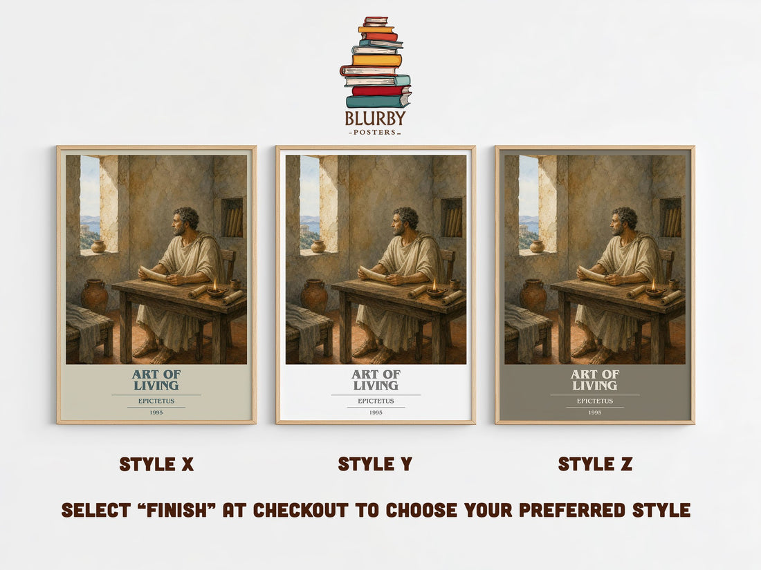 Art of Living book cover print in frame leaning in hallway – philosophy wall art (mockup)
