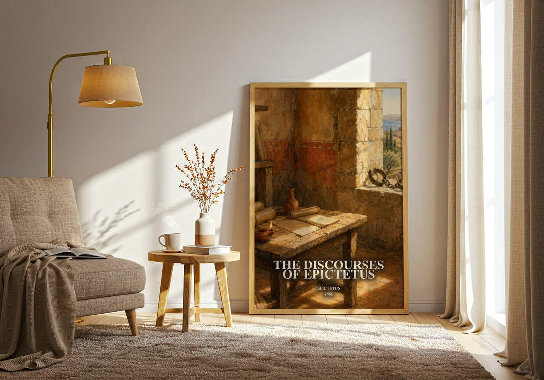 The discourses of Epictetus watercolour print in frame leaning in hallway – philosophy wall art