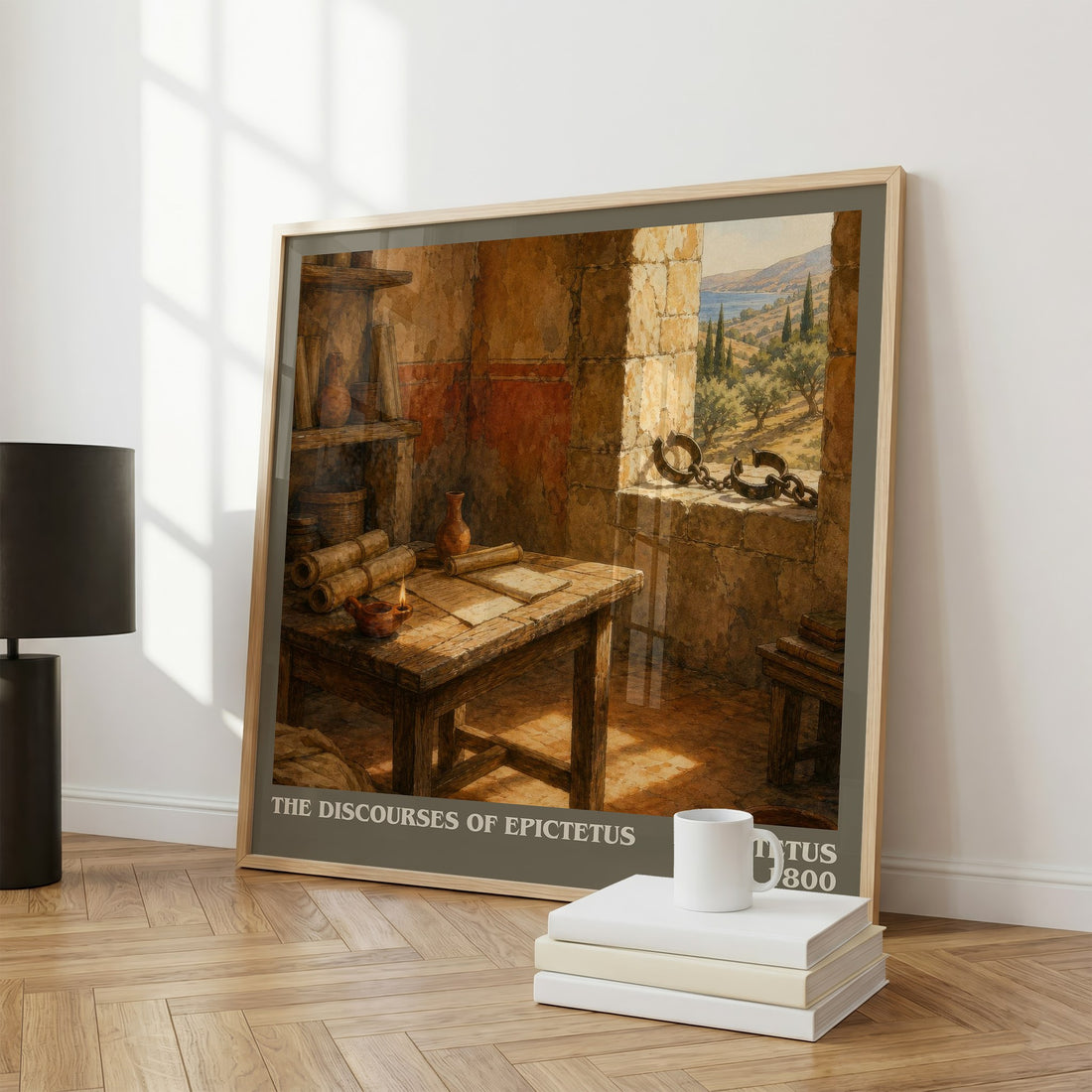 The discourses of Epictetus literary print framed by window – literary home decor