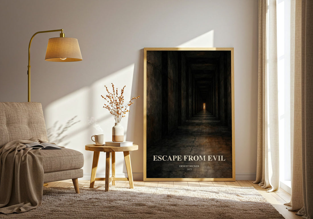 Escape from Evil watercolour print in frame leaning in hallway – philosophy wall art