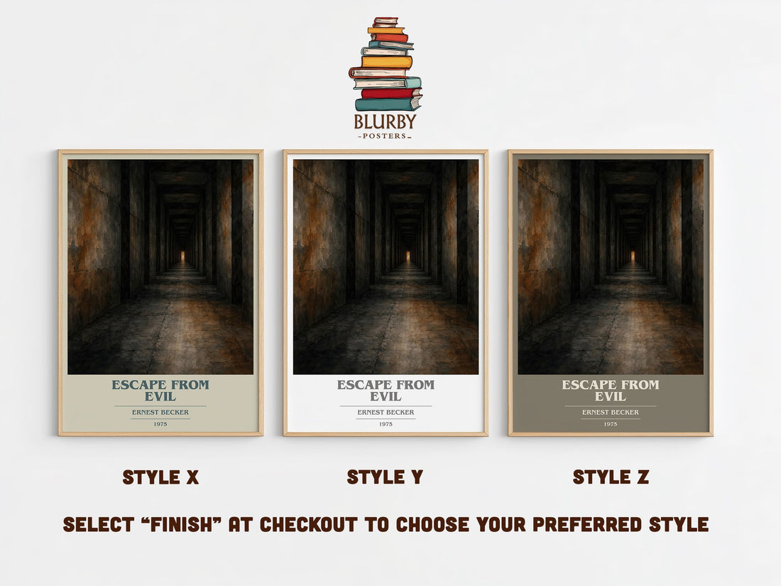 Escape from Evil book cover print in frame leaning in hallway – philosophy wall art (mockup)
