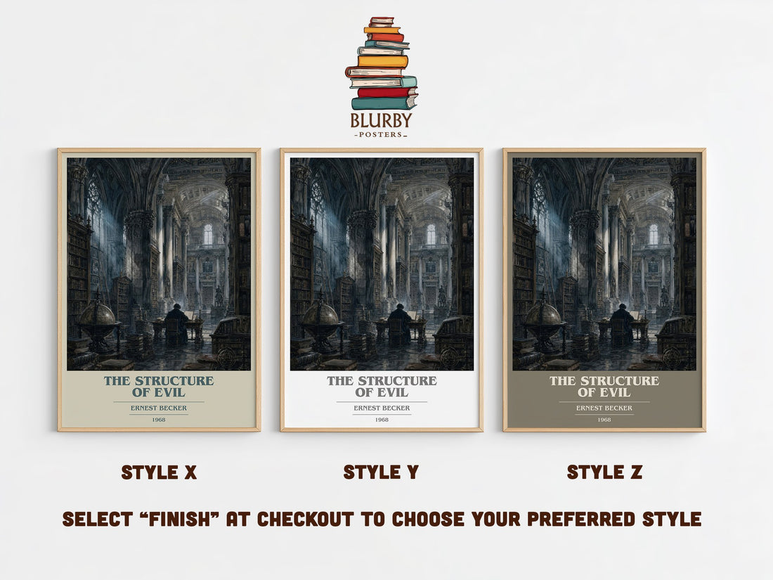 The structure of evil book cover print in frame leaning in hallway – philosophy wall art (mockup)