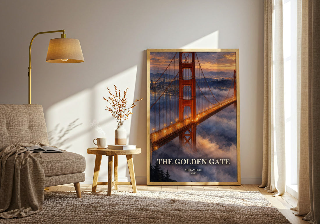 The Golden Gate watercolour print in frame leaning in hallway – contemporary fiction wall art
