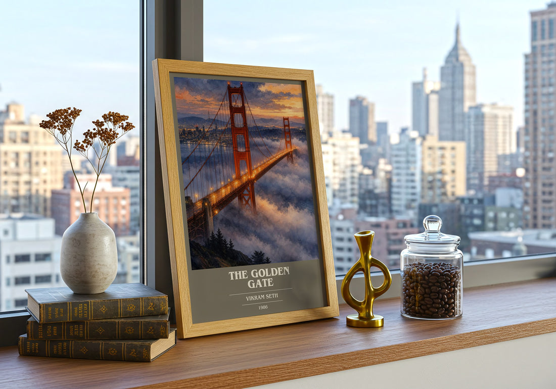 The Golden Gate book cover print framed by window – literary home decor