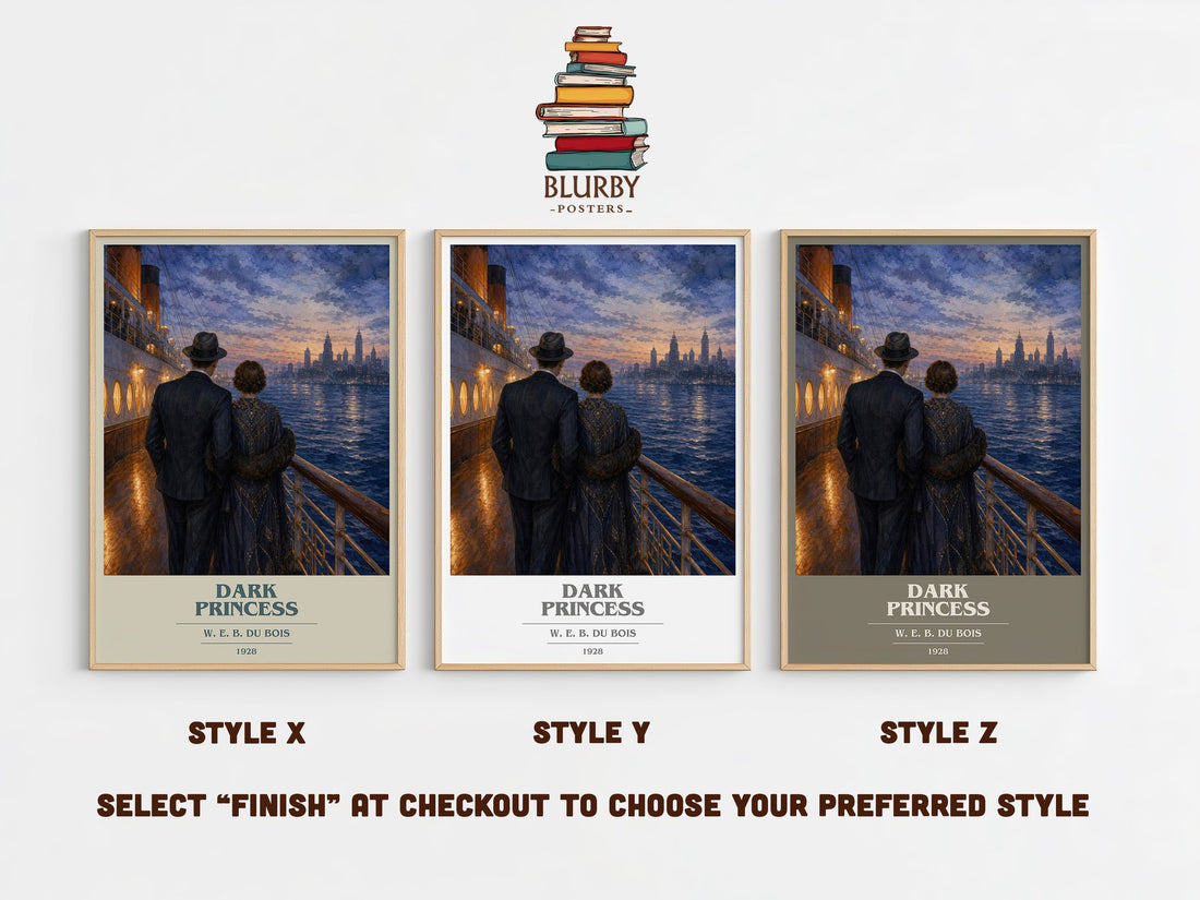 Dark princess book cover print in frame leaning in hallway – literary fiction wall art (mockup)