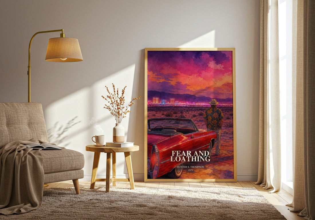 Fear and Loathing watercolour print in frame leaning in hallway – literary fiction wall art