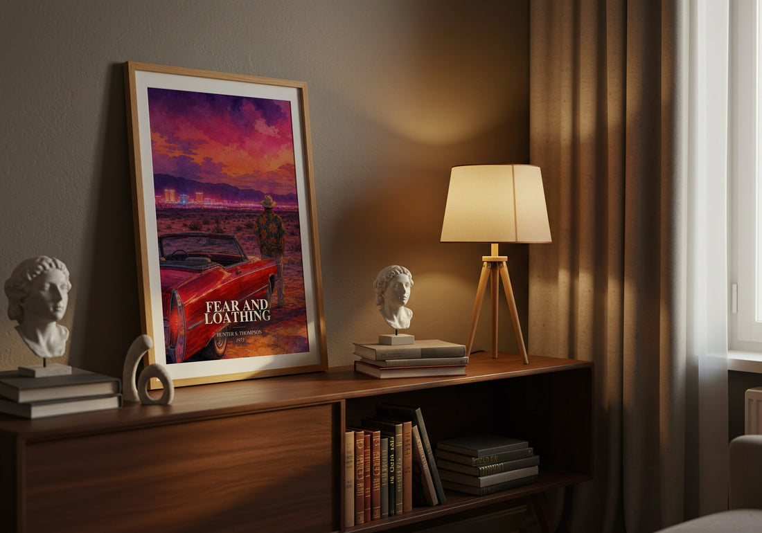 Fear and Loathing watercolour print on bookshelf – Hunter S. Thompson fan gift
