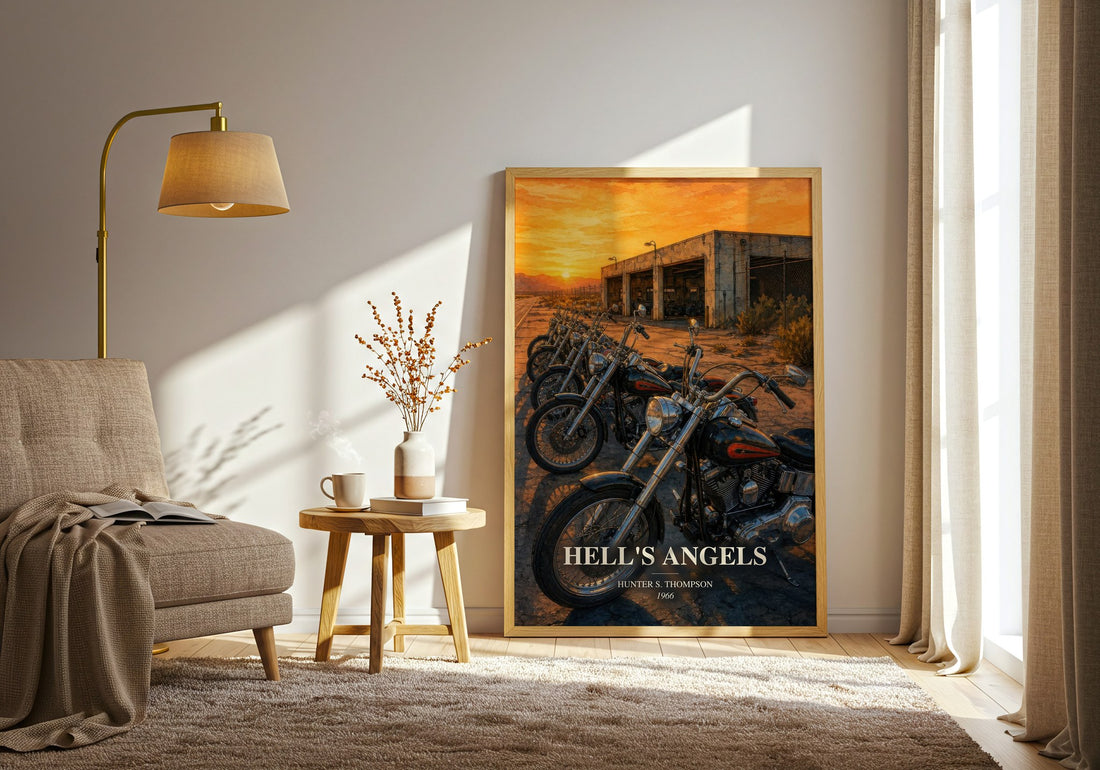 Hell's Angels watercolour print in frame leaning in hallway – non fiction wall art