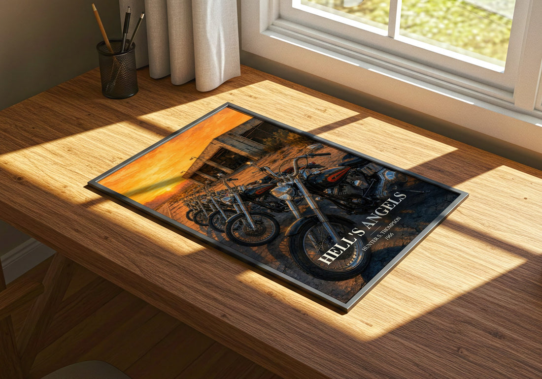 Hell's Angels watercolour book poster framed on wall – non fiction wall art