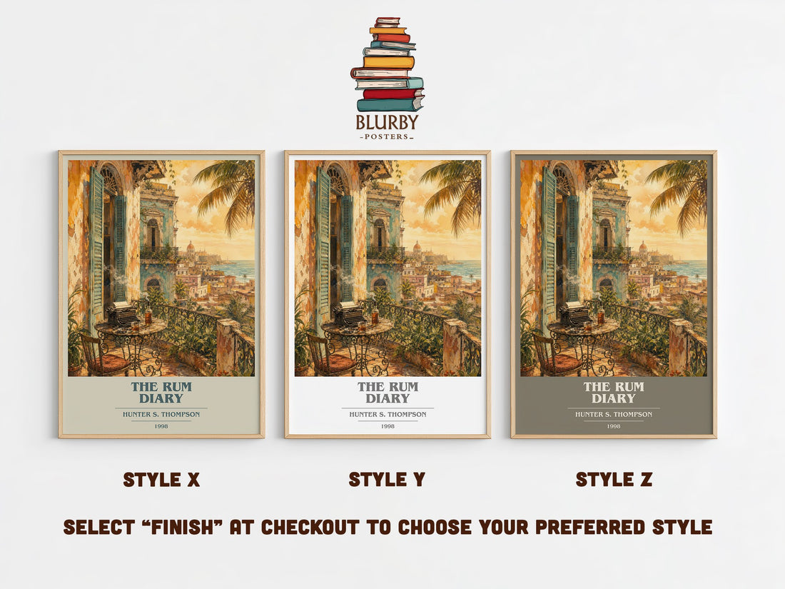The Rum Diary book cover print in frame leaning in hallway – literary fiction wall art (mockup)