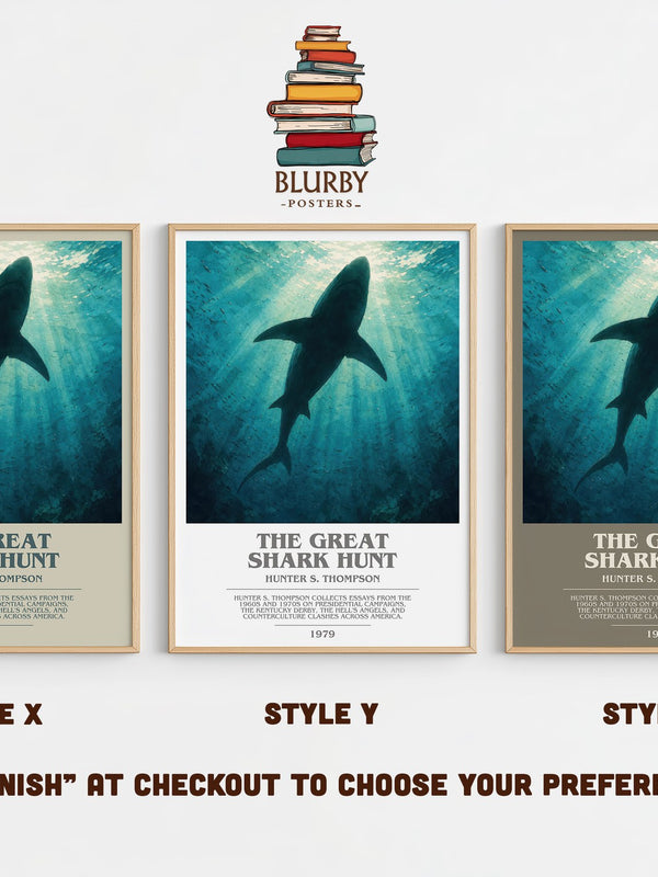 The great shark hunt bookish print in frame leaning in hallway – non fiction wall art
