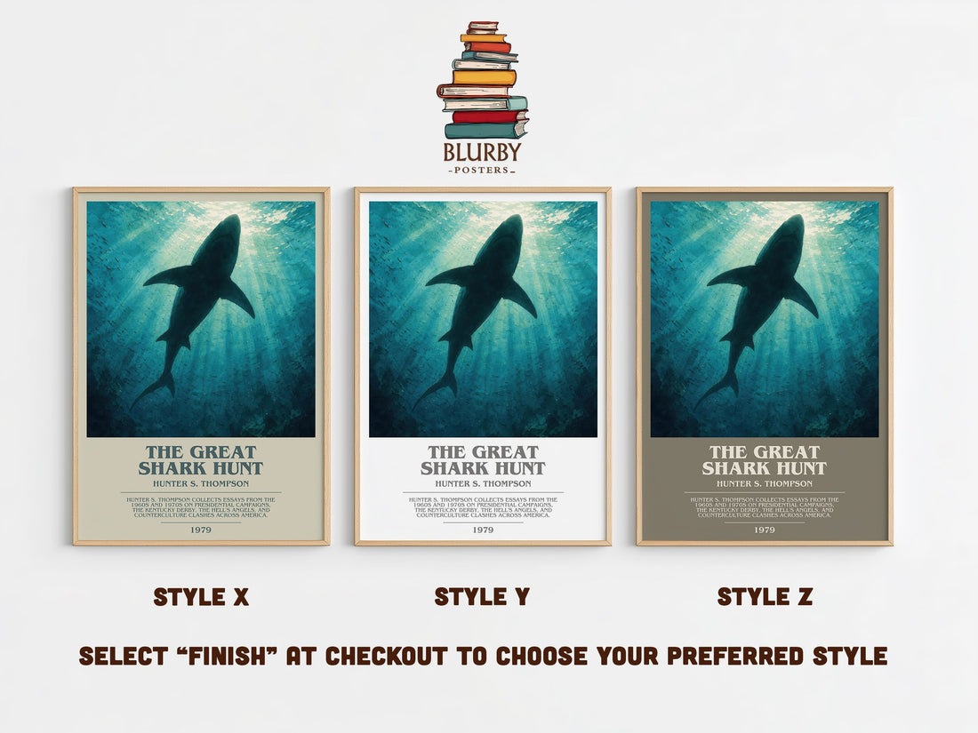 The great shark hunt bookish print in frame leaning in hallway – non fiction wall art (mockup)