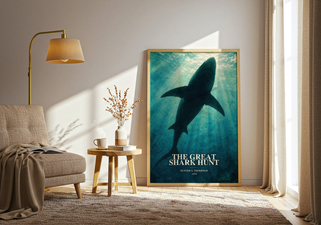 The great shark hunt watercolour print in frame leaning in hallway – non fiction wall art