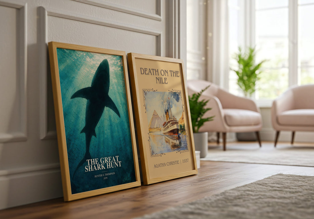 The great shark hunt watercolour print framed by window – literary home decor