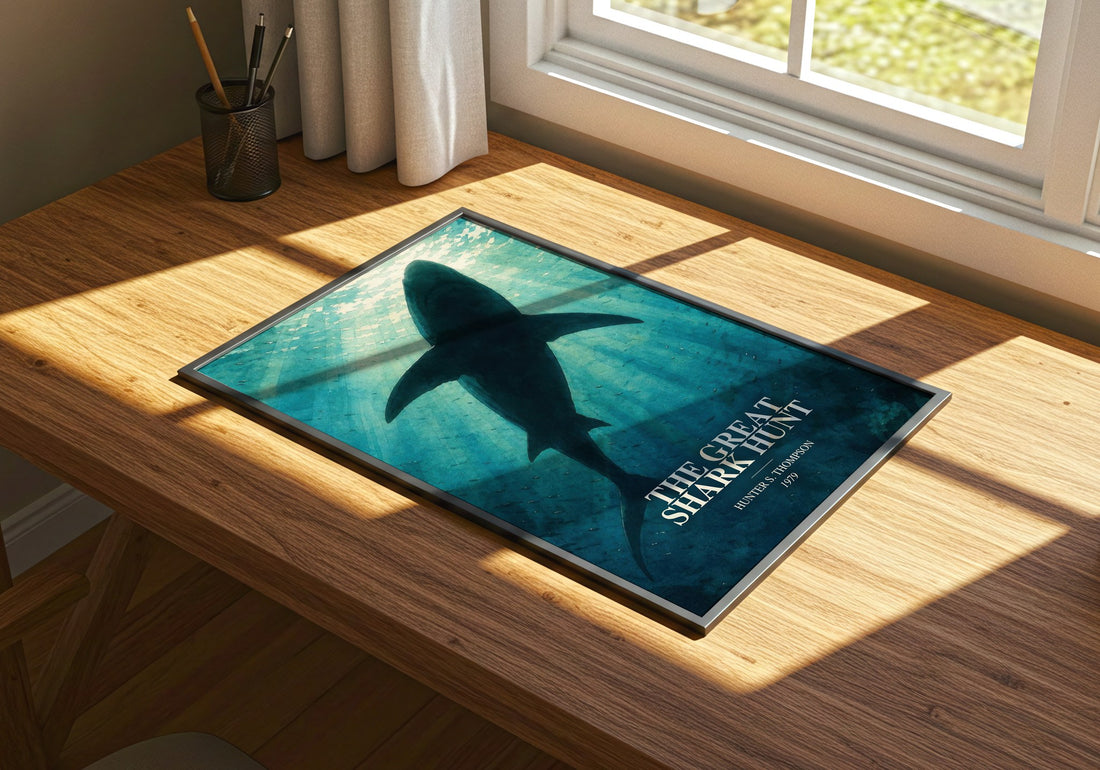 The great shark hunt watercolour book poster framed on wall – non fiction wall art