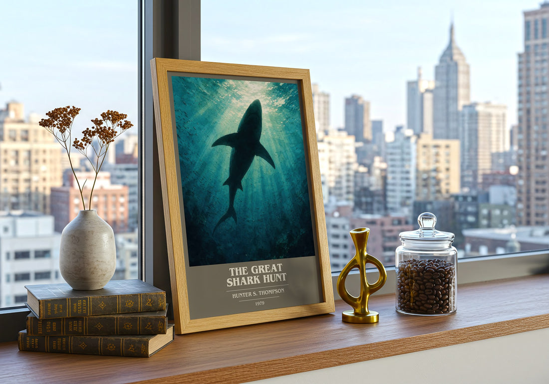 The great shark hunt book cover print framed by window – literary home decor