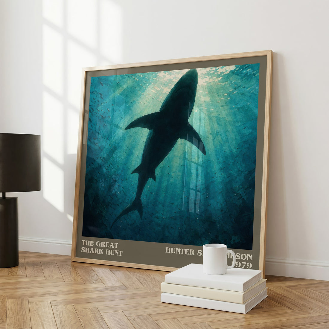 The great shark hunt literary print framed by window – literary home decor