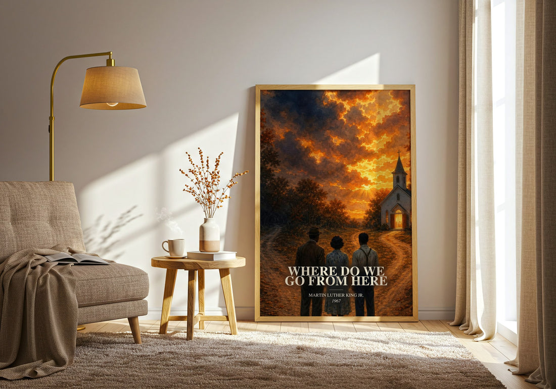 Where do we go from here watercolour print in frame leaning in hallway – non fiction wall art