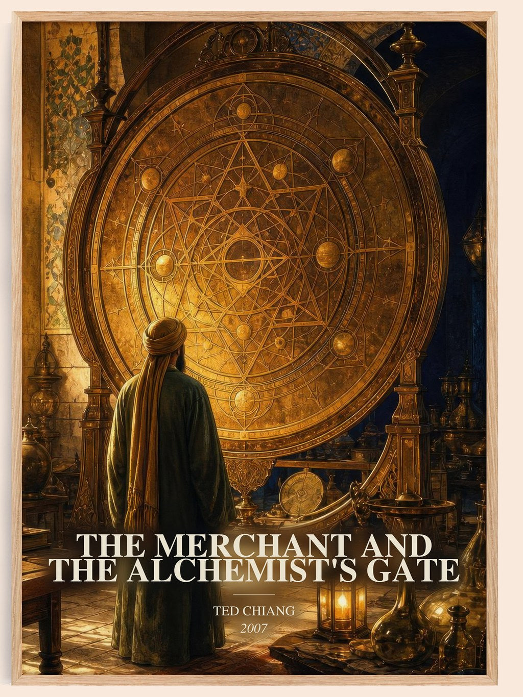 The Merchant and the Alchemist's Gate watercolour book poster by Ted Chiang – framed literary art print