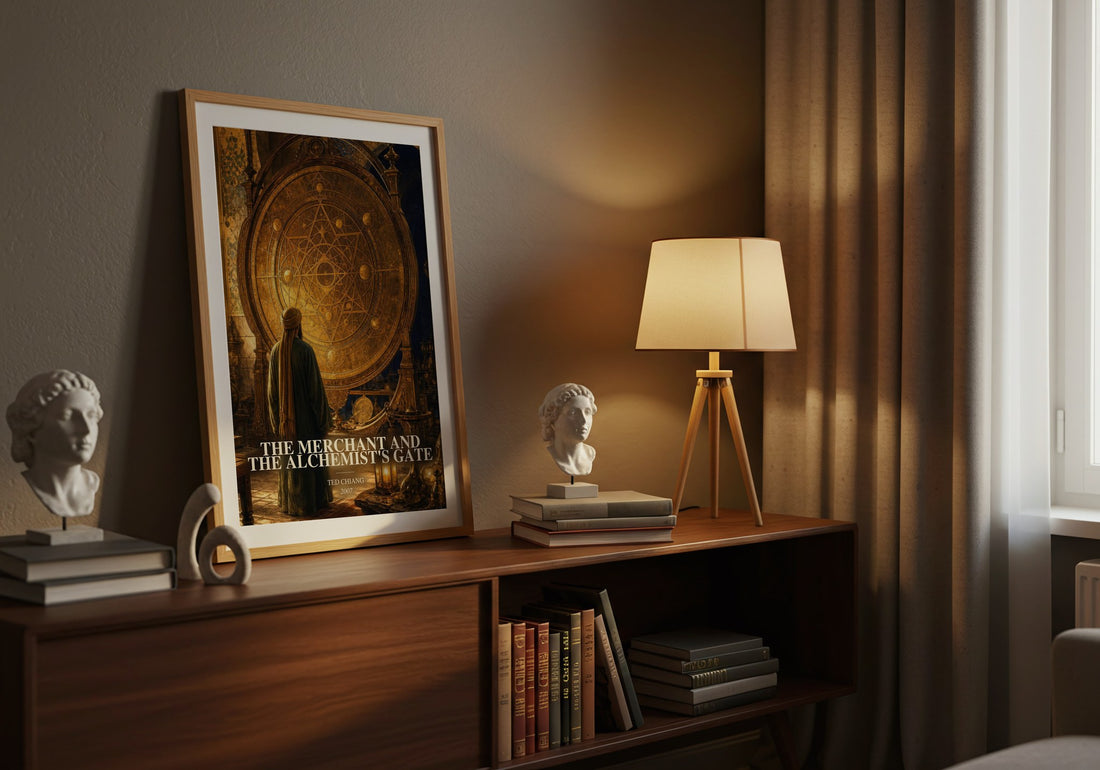 The Merchant and the Alchemist's Gate watercolour print on bookshelf – Ted Chiang fan gift