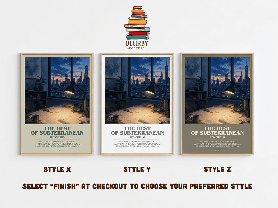 The Best of Subterranean bookish print in frame leaning in hallway – sci fi wall art (mockup)