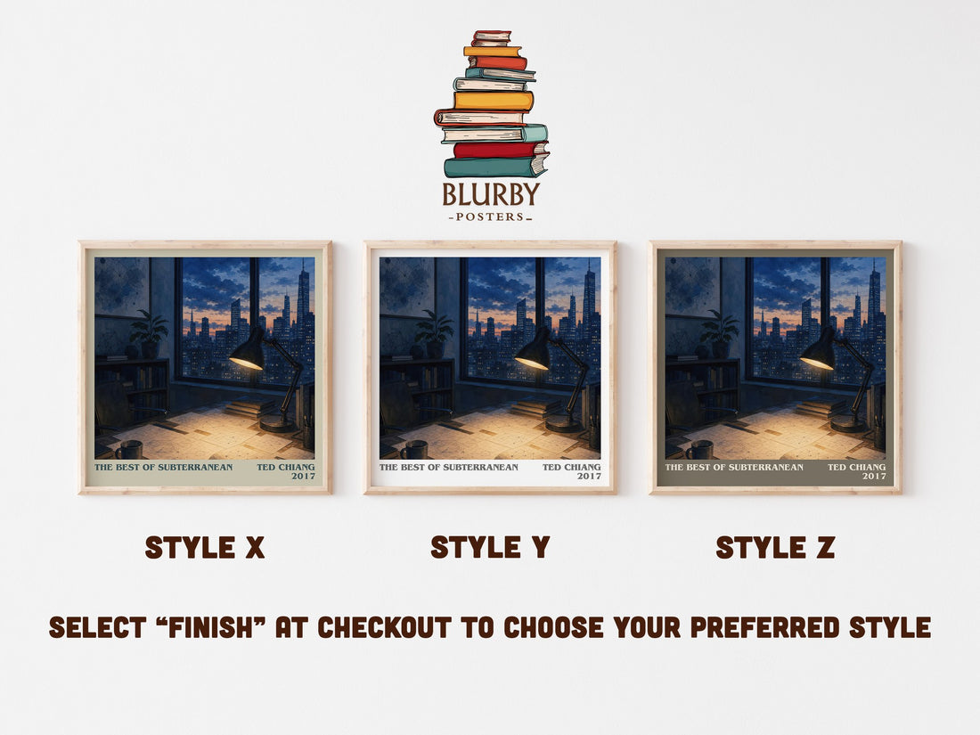 The Best of Subterranean literary print in frame leaning in hallway – sci fi wall art (mockup)