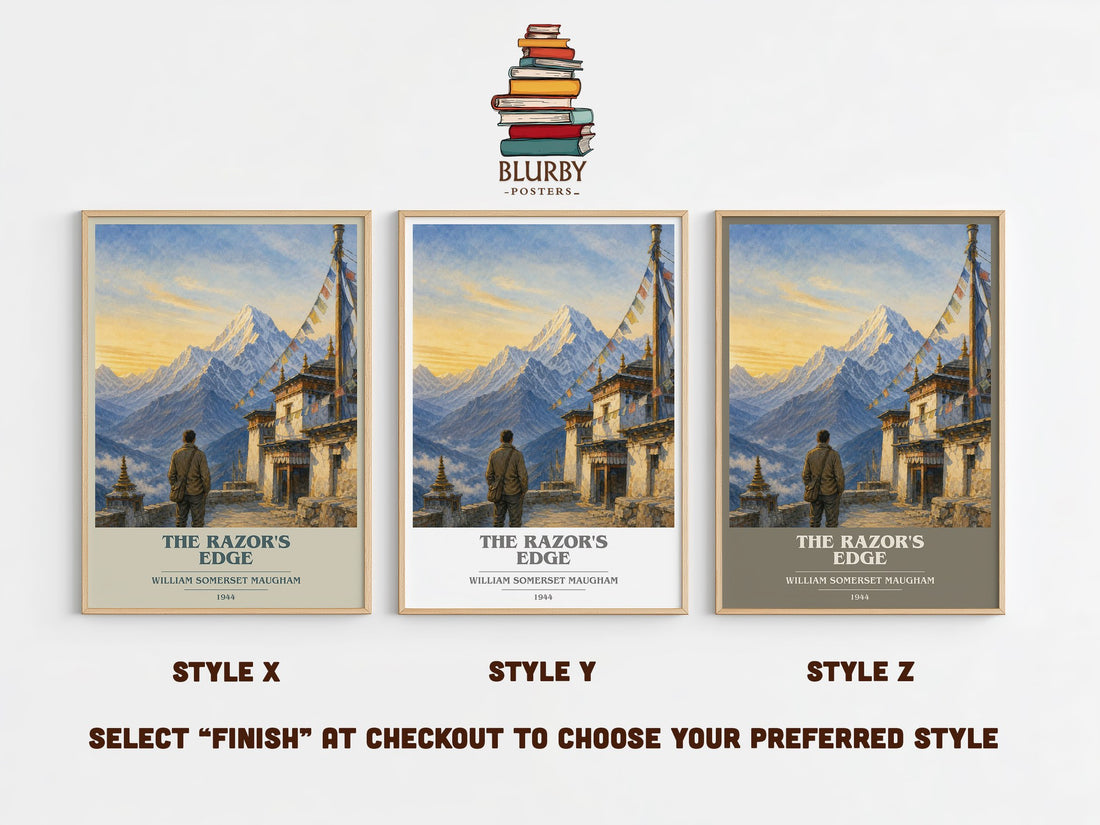 The Razor's Edge book cover print in frame leaning in hallway – literary fiction wall art (mockup)