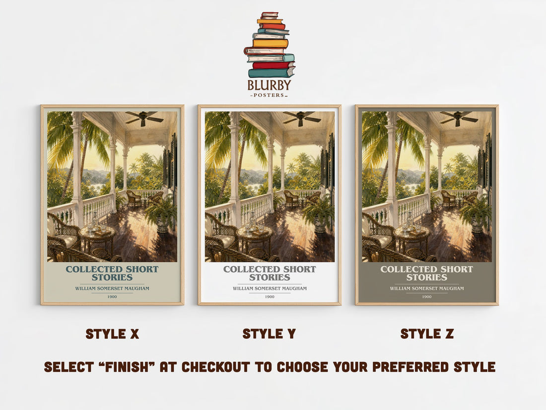 Collected short stories book cover print in frame leaning in hallway – classic literature wall art (mockup)