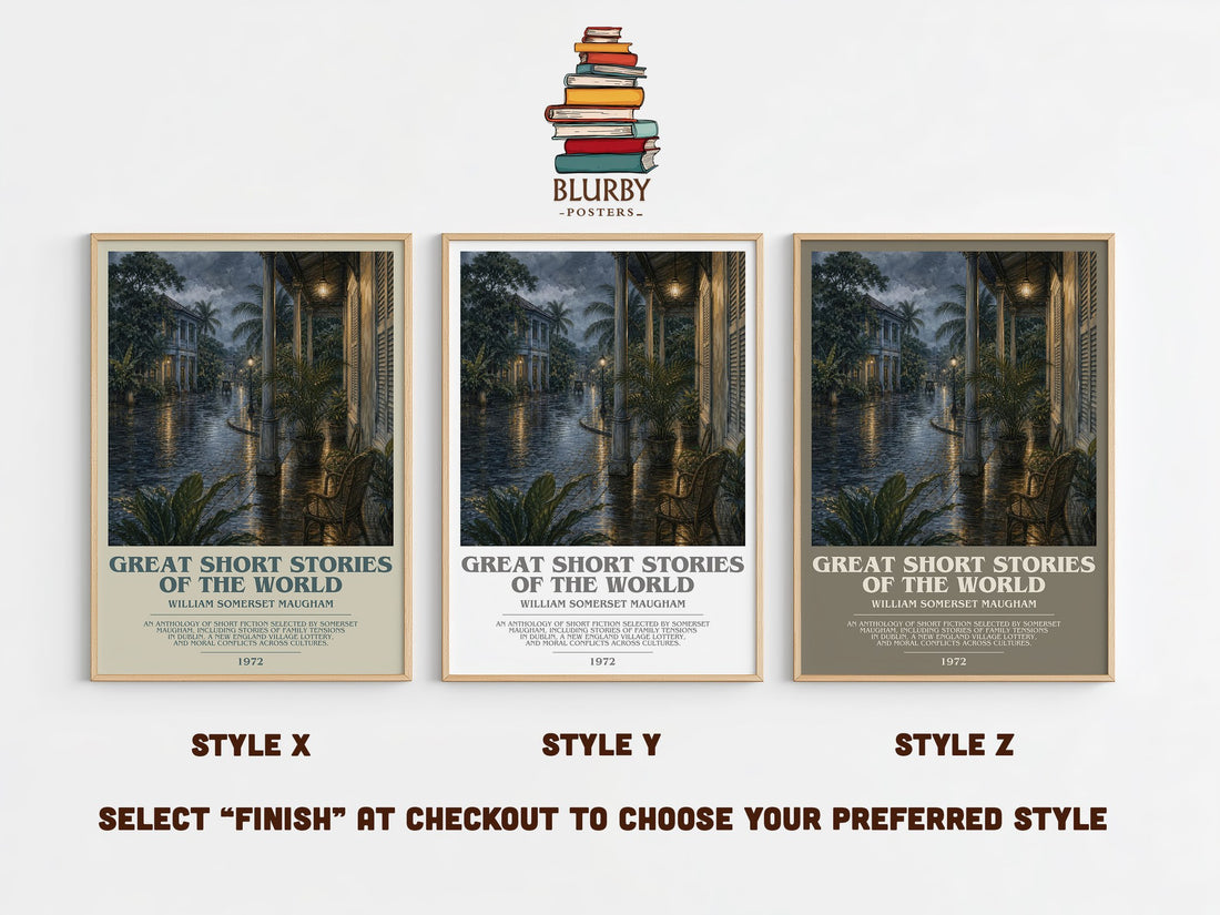 Great Short Stories of the World bookish print in frame leaning in hallway – literary fiction wall art (mockup)
