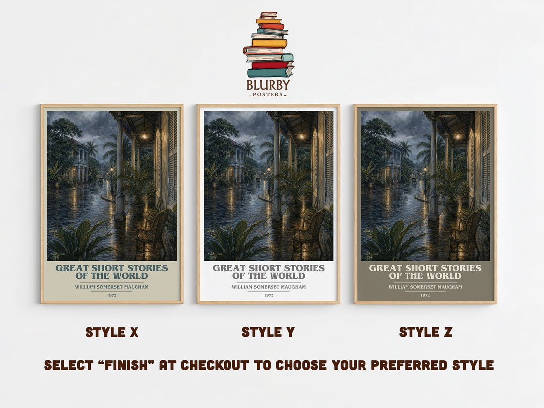 Great Short Stories of the World book cover print in frame leaning in hallway – literary fiction wall art (mockup)