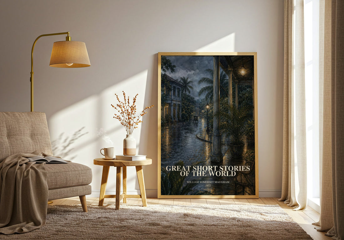Great Short Stories of the World watercolour print in frame leaning in hallway – literary fiction wall art