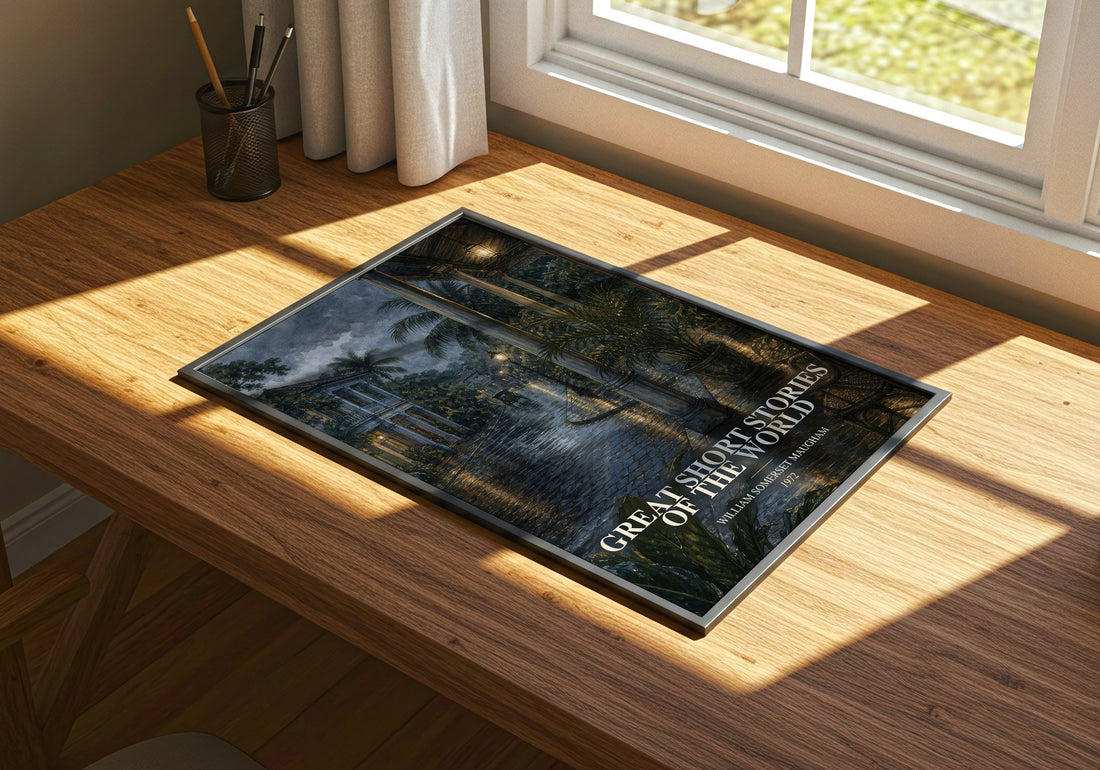 Great Short Stories of the World watercolour book poster framed on wall – literary fiction wall art